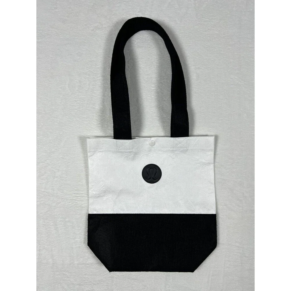 Lululemon Small Reusable Tote Bag Black White Colorblock Snap Logo Gift Shopper